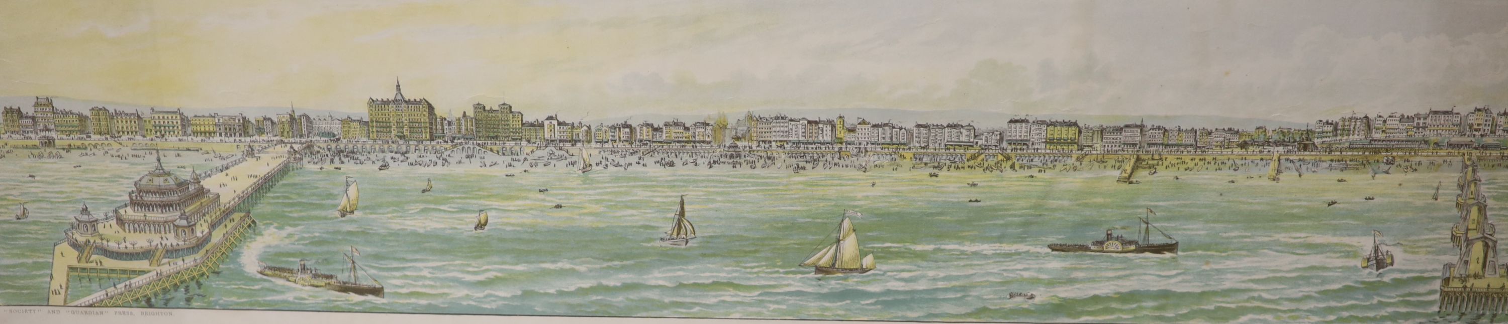 Brighton Society 1892, chromolithograph, View of the Brighton Front, 25 x 95cm, a reprint map of Sussex and a reprint map of Brighton